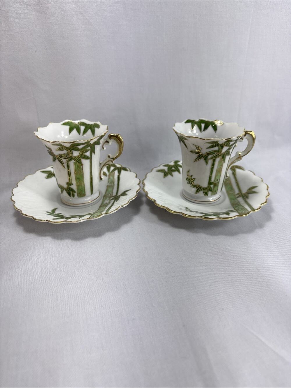Vintage Hand Painted Bamboo Gold Trim Cup Saucer Set - Occupied Japan - Set of 2